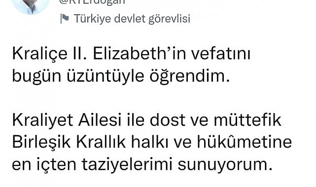 Cumhurbaşkanı Erdoğan, Kraliçe 2. Elizabeth için taziye mesajı yayımladı