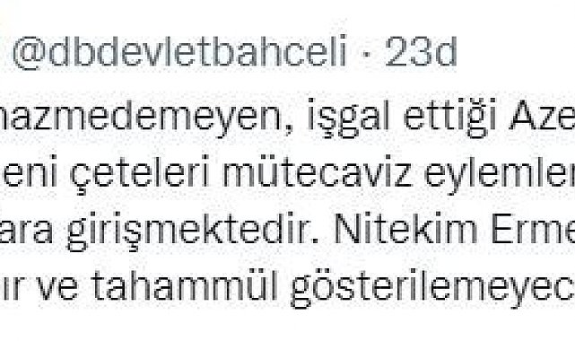 MHP lider Bahçeli: "Ermenistan'ın Karabağ'daki saldırganlığına sabır ve tahammül gösterilemeyecektir"