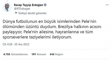 Cumhurbaşkanı Erdoğan'dan Brezilyalı futbolcu Pele için taziye mesajı