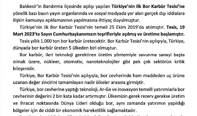 Eti Maden: "Bor Karbür Tesisinde üretim yok iddiası doğru değildir"