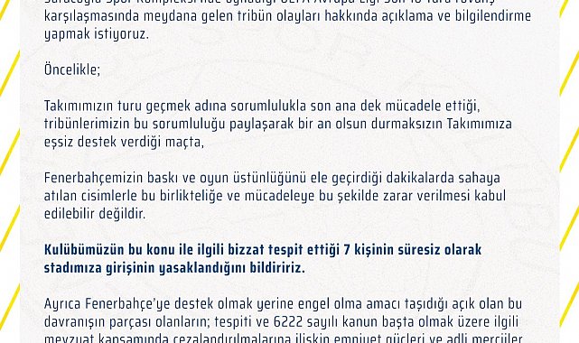 Fenerbahçe, Sevilla maçında sahaya yabancı madde atan 7 kişinin stada girişini yasakladı
