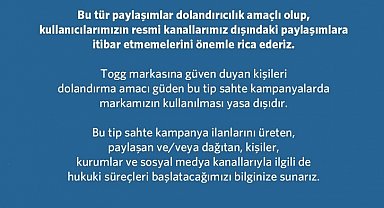 Togg'dan dolandırıcılık uyarısı